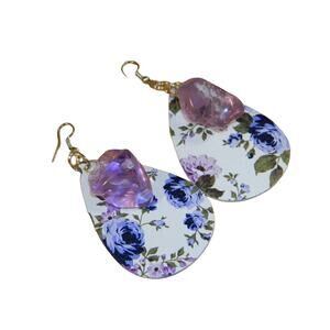 Silver Purple Amethyst Pierced Earrings, Handmade Amethyst Faux Leather Earrings